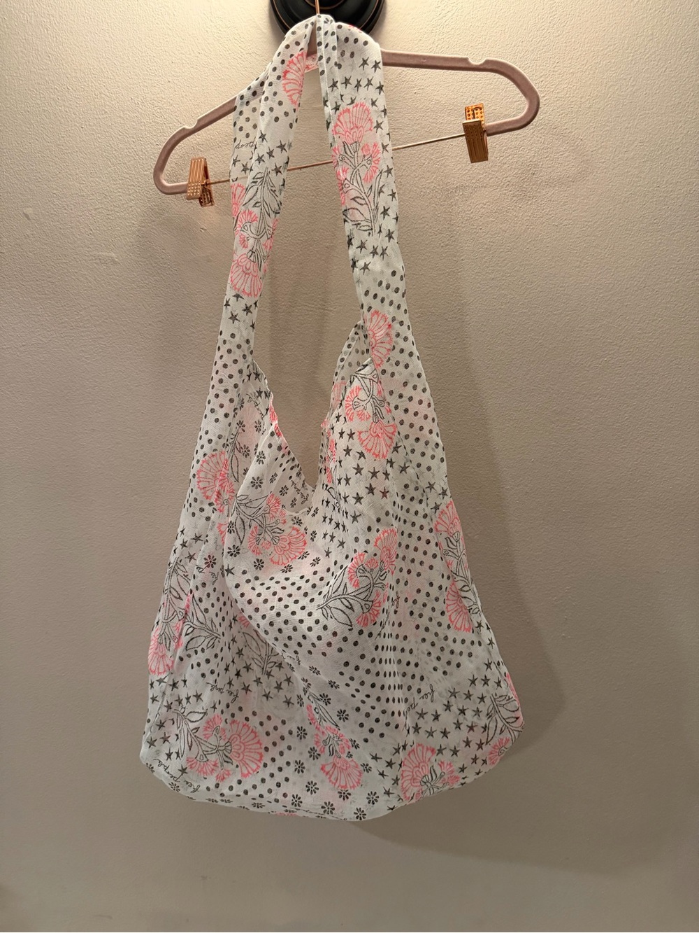Free People Floral Star Polka Dot Cotton Gauze Slouchy Tote Bag Pink Grey